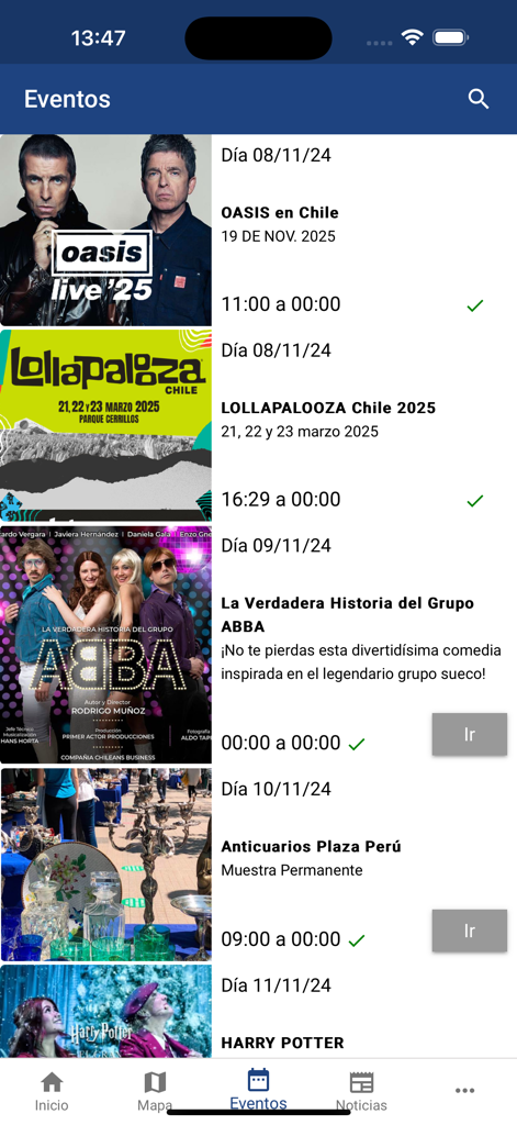 Cityplan GO - Una pantalla de la aplicación móvil titulada Eventos que muestra una lista de próximos eventos de la ciudad como Oasis y Lollapalooza con fechas y horarios.