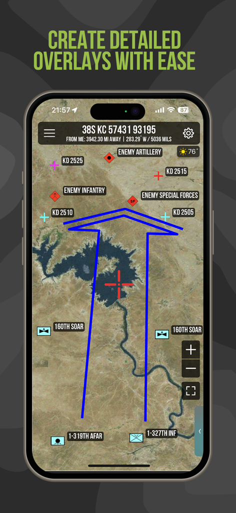 Tactical NAV app showing detailed military overlays and unit positions on a satellite map