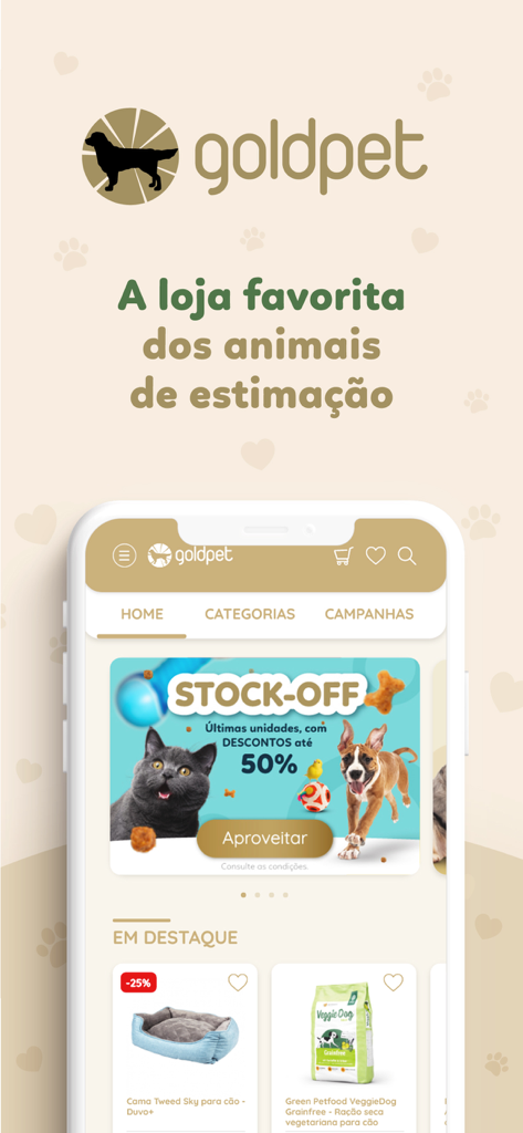 Goldpet - Goldpet mobile app home screen showing a pet supply store interface with a promotional banner and featured products for dogs and cats