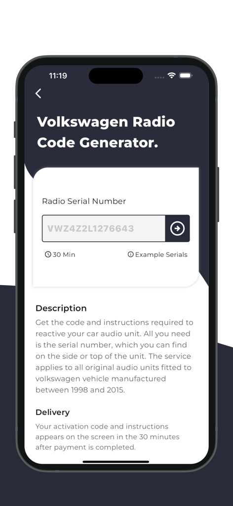 Car Radio Code Generator - A mobile app screen for the Volkswagen Radio Code Generator where users enter their radio serial number
