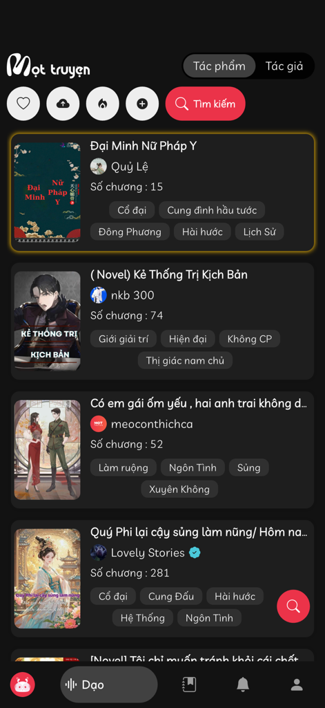 Mọt Truyện - Screenshot of the Mot Truyen app interface displaying a list of Vietnamese web novels and comics with cover art and tags