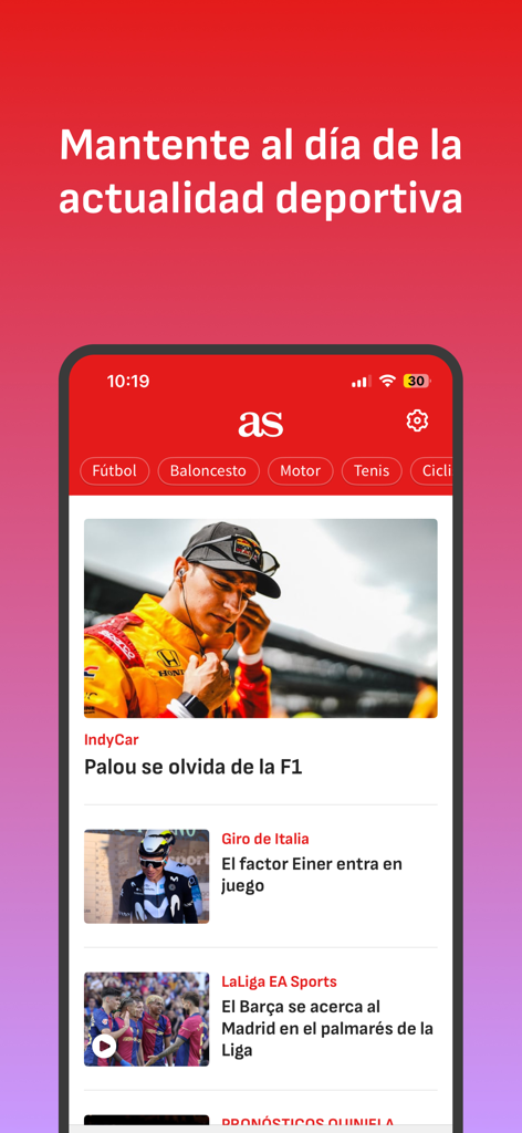Feed de noticias principal de la aplicación AS que muestra categorías deportivas y titulares actuales