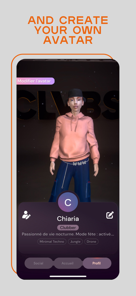 CLVBS - Interface of the CLVBS app showing a personalized 3D avatar and user profile details
