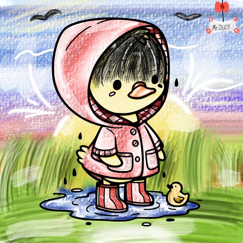 baby duck in a rain coat and boots, in a puddle while it’s raining