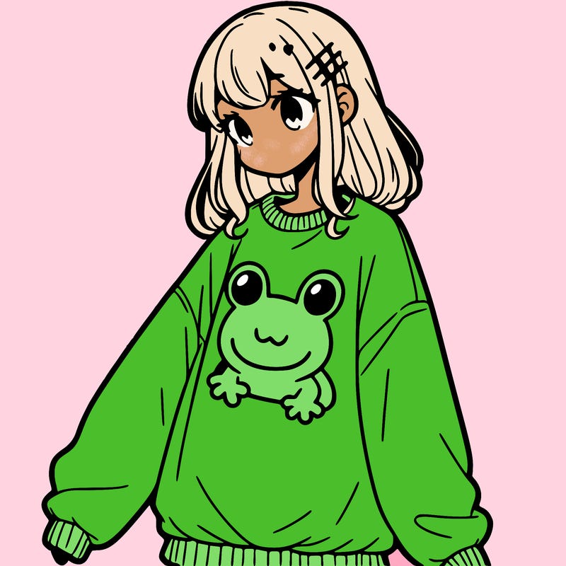 girl wearing frogging sweatshirt