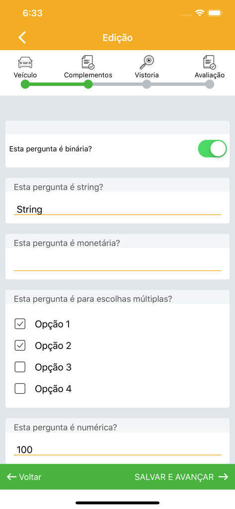 Interface showing a car appraisal form with multiple choice and text questions in the Auto Action app.
