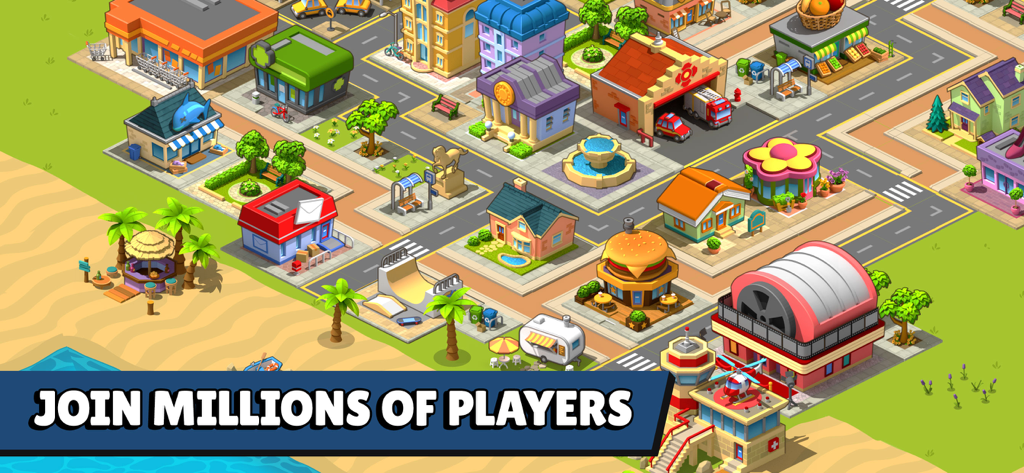 Vista isométrica de una colorida ciudad insular con diversos edificios como una hamburguesería y un skate park