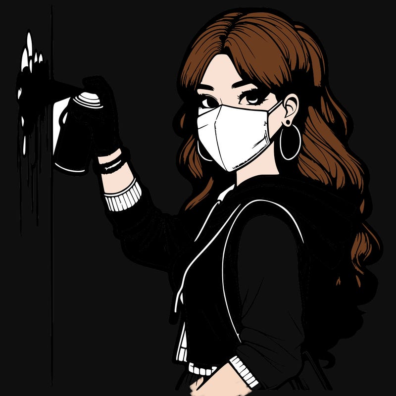 realistic girl with mask spray painting a wall