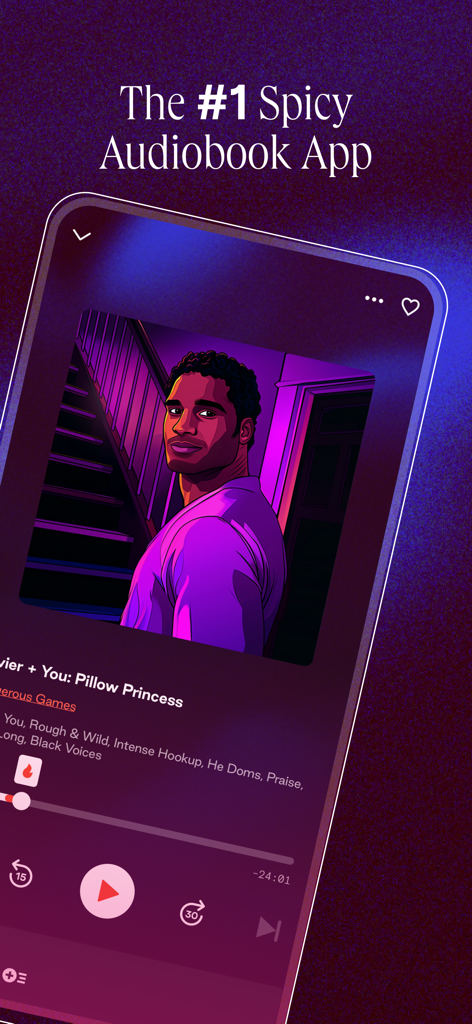 Smartphone screen showing the Dipsea app interface with an audio player for a spicy romantic story featuring an illustrated character.