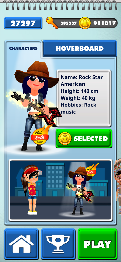 Charakterauswahlbildschirm in City Kids, der einen Rockstar-Avatar mit einer E-Gitarre und einem Cowboyhut zeigt.