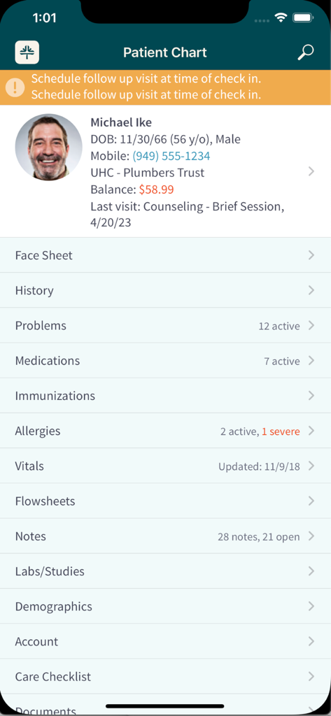 Tebra EHR, PM, Billing (Kareo) - Mobile interface of Tebra EHR showing a detailed patient chart with sections for medical history medications and vitals
