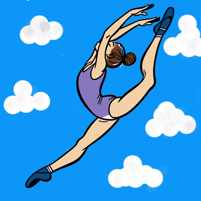 gymnast doing a leap in a leotard with a bent back leg