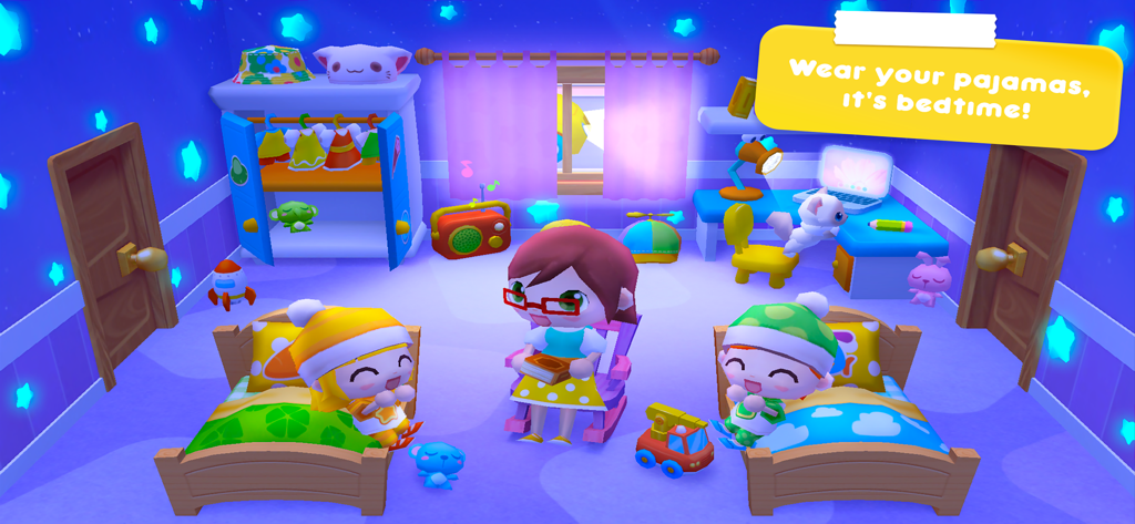 Children wearing pajamas in a star themed bedroom from the Sweet Home Stories app