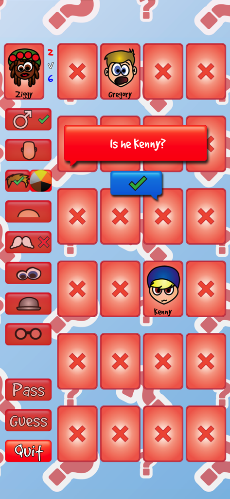 Pantalla de juego de ¿Adivina la Persona? mostrando tarjetas de personajes y una indicación de deducción