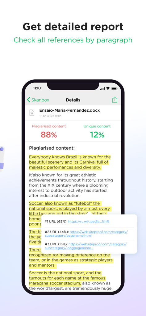 Skandy AI - Plagiarism Checker - Informe detallado de análisis de plagio en la aplicación Skandy AI que muestra el contenido coincidente y los enlaces de origen.