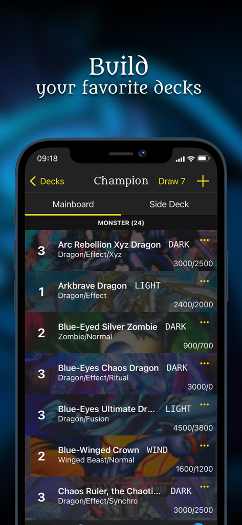 YGO Scanner - Dragon Shield - Mobile app interface for building Yu-Gi-Oh decks with a list of monster cards and statistics.