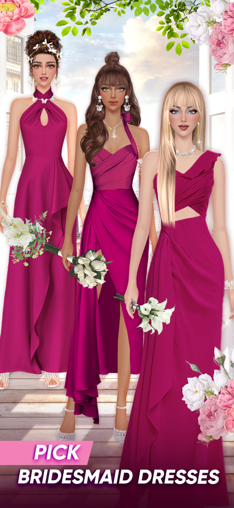 Wedding Stylist: Dress Up Game - Three bridesmaids in elegant fuchsia dresses holding white bouquets.