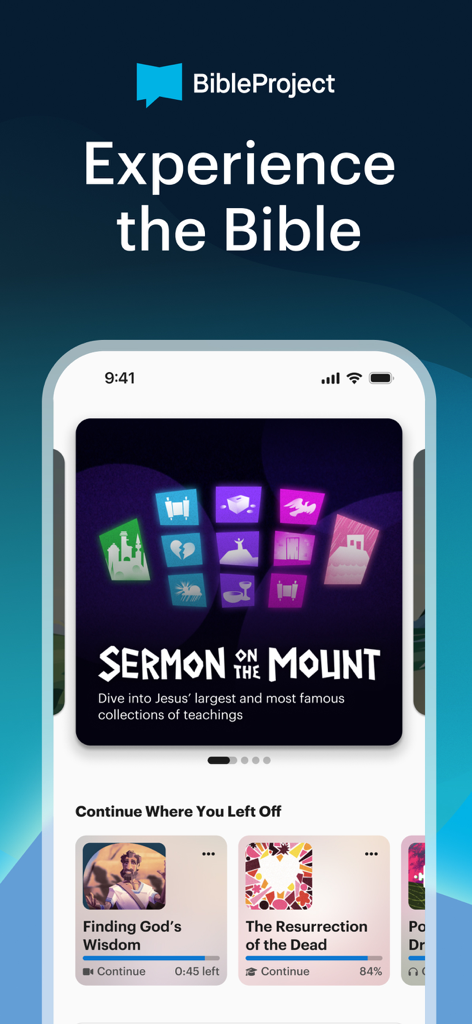 The BibleProject app home screen displaying the Sermon on the Mount study and progress tracking features on a smartphone.