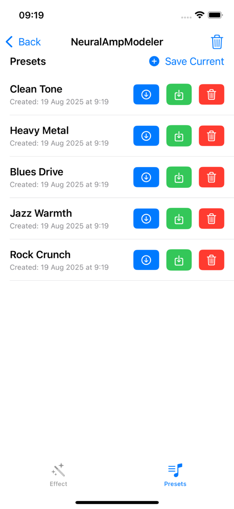 Interface do Studio Camera mostrando uma lista de predefinições de modelagem de amplificador de áudio, incluindo Clean Tone e Heavy Metal