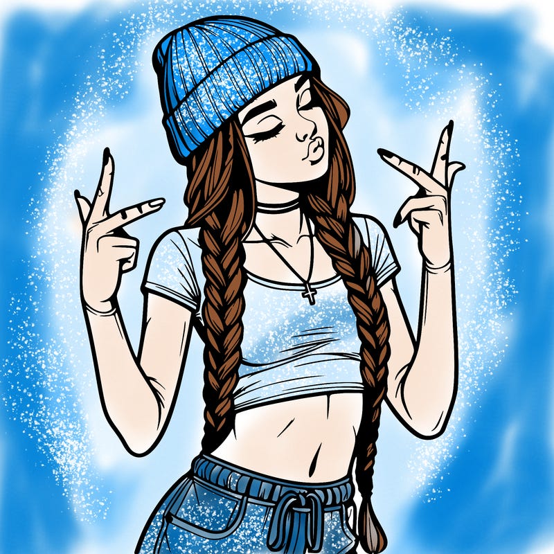 realistic teenage girl with braids and a beanie and crop top doing 🫶🏼
