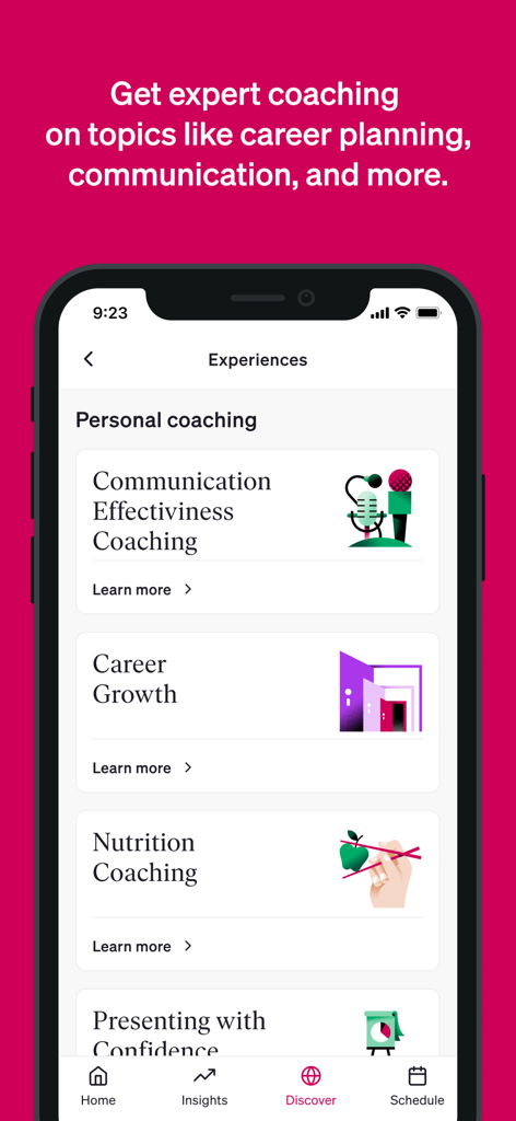 BetterUp app screen showing personal coaching categories including communication effectiveness, career growth, and nutrition coaching.