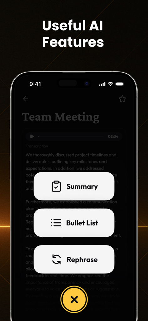 AI Note Taking: Notalist - Notalist app interface showing AI features for summarizing team meeting transcripts creating bullet lists and rephrasing text