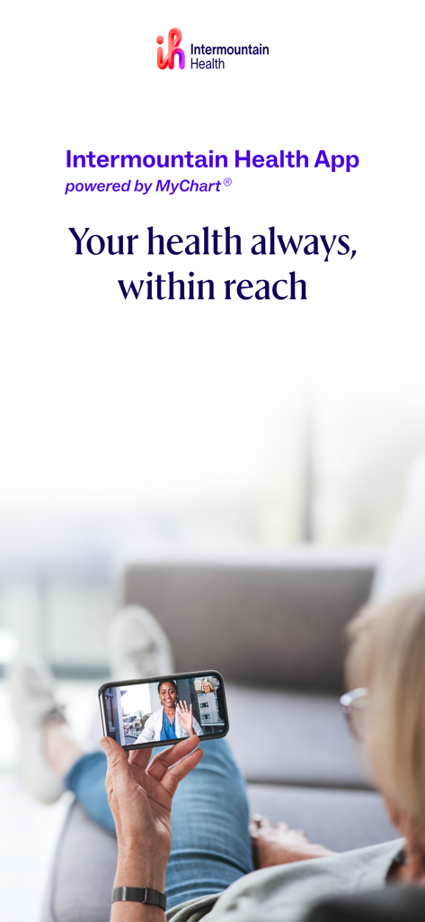 A woman using the Intermountain Health app on her smartphone for a telehealth video consultation with a doctor.