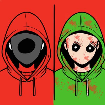 a person with a hoodie and no face, the drawing is split in 2