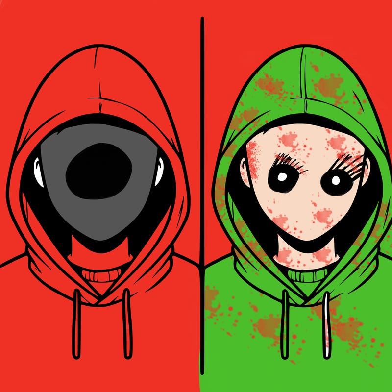 a person with a hoodie and no face, the drawing is split in 2