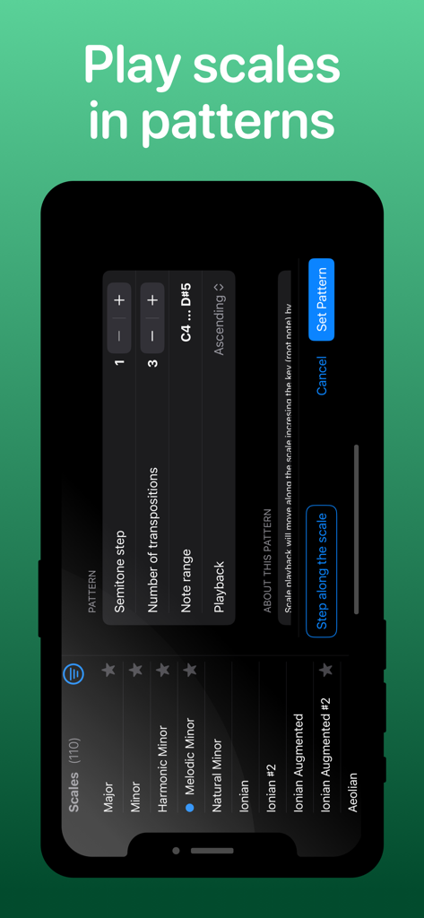 Sing Scales - Pantalla que muestra patrones de escalas musicales ajustables y configuraciones de reproducción en la aplicación Sing Scales