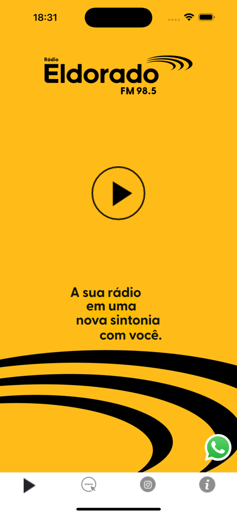 Eldorado - Interface do aplicativo móvel Eldorado Radio com botão de reprodução e o logotipo da estação em fundo amarelo