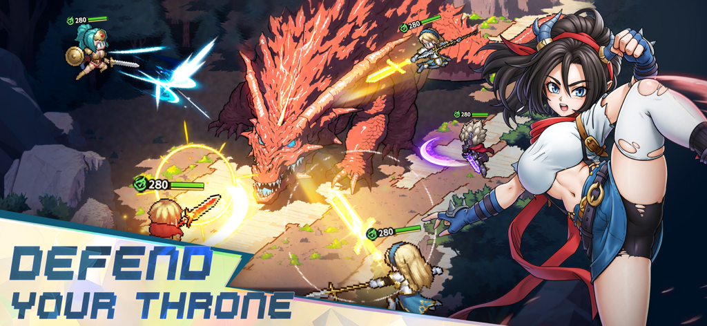 Realms of Pixel - Heróis em pixel art e um personagem de anime lutando contra um dragão vermelho gigante em Realms of Pixel