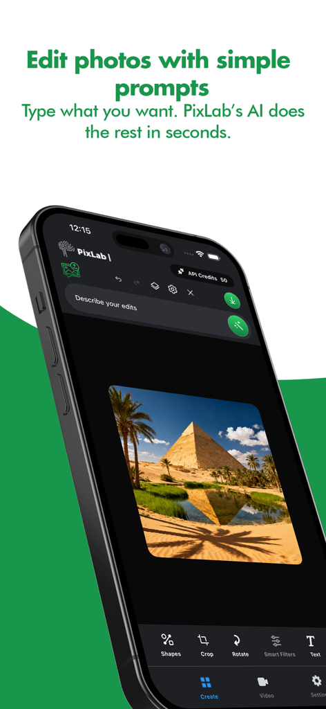 PixLab: AI Prompt Photo Editor - Uma tela de smartphone exibindo a interface do aplicativo PixLab para editar fotos usando prompts de IA em linguagem natural.