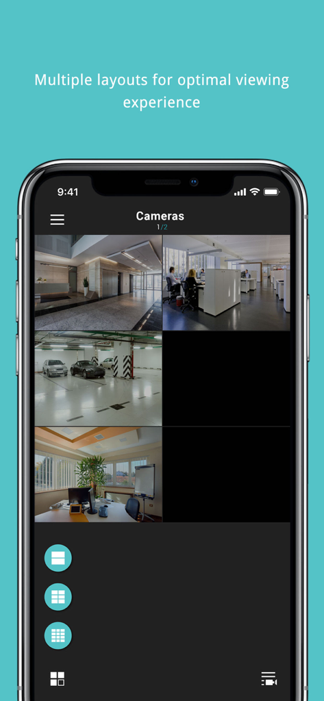 Pantalla de smartphone que muestra la aplicación VIVOTEK iViewer con una cuadrícula de múltiples transmisiones de cámaras de seguridad en vivo de una oficina y un estacionamiento