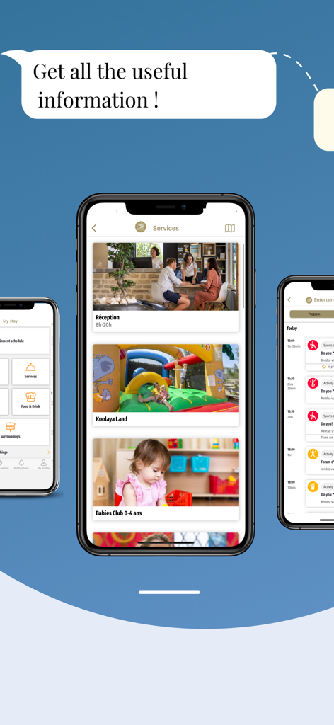 Sandaya app screenshots showing campsite reception services, kids club, and daily entertainment schedules.