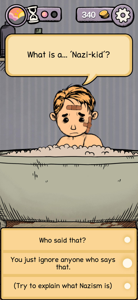 My Child Lebensborn - A child with bandages in a bathtub asking what a Nazi-kid is in the game My Child Lebensborn with three dialogue choices below.