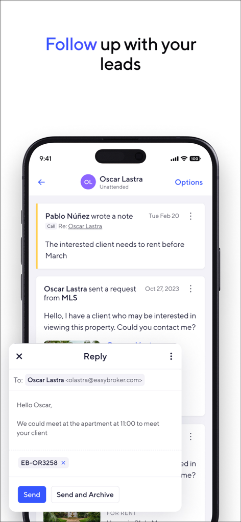 Mobile interface of EasyBroker app showing a lead follow-up history and an email reply window for real estate agents