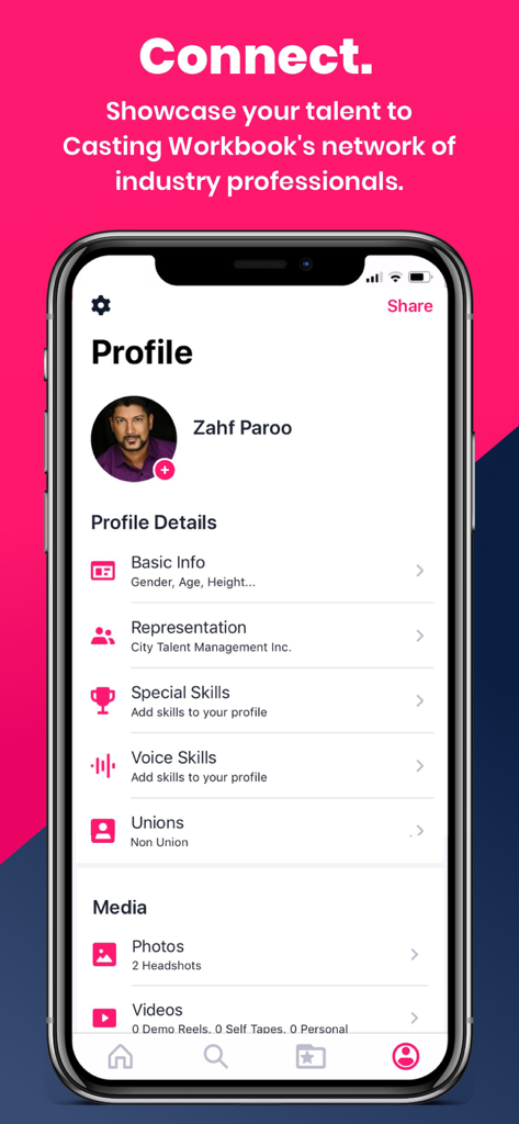 Actor App by Casting Workbook - Casting Workbookアプリの俳優プロフィールページ。パフォーマーのヘッドショットの表現とプロフェッショナルなスキルを示しています。