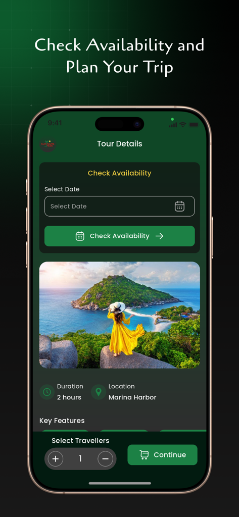 Suriname Pass - スリナムのMarina Harborのツアー詳細と空き状況チェッカー、予約オプションを表示するスリナムパスモバイルアプリ画面