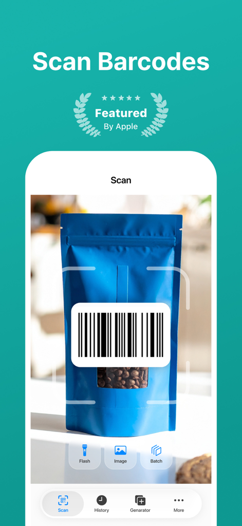 QR Code Scanner · Barcode - iPhone interface of the QR Code Scanner app scanning a barcode on a product package