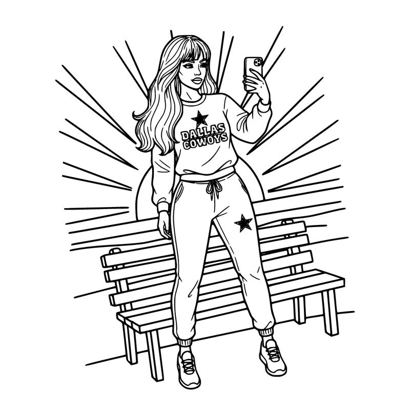 realistic woman wearing a dallas cowboy 2 piece sweatsuit with long hair and bangs standing on a bench posing with her iphone outside while sunset thin and black lines to color