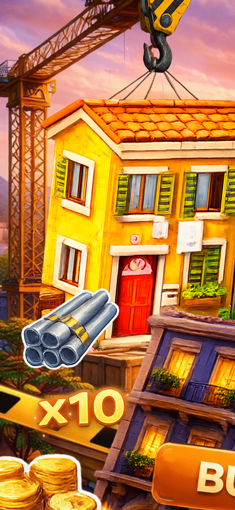 Energy Budget: Shape Wisely! - A construction scene showing a crane lifting a house with gold coins and a multiplier in the Energy Budget app