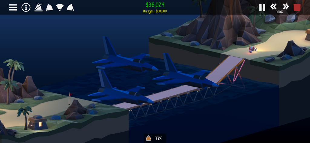 Una simulazione di costruzione di ponti in Poly Bridge 2 con jet da combattimento che volano sull'acqua