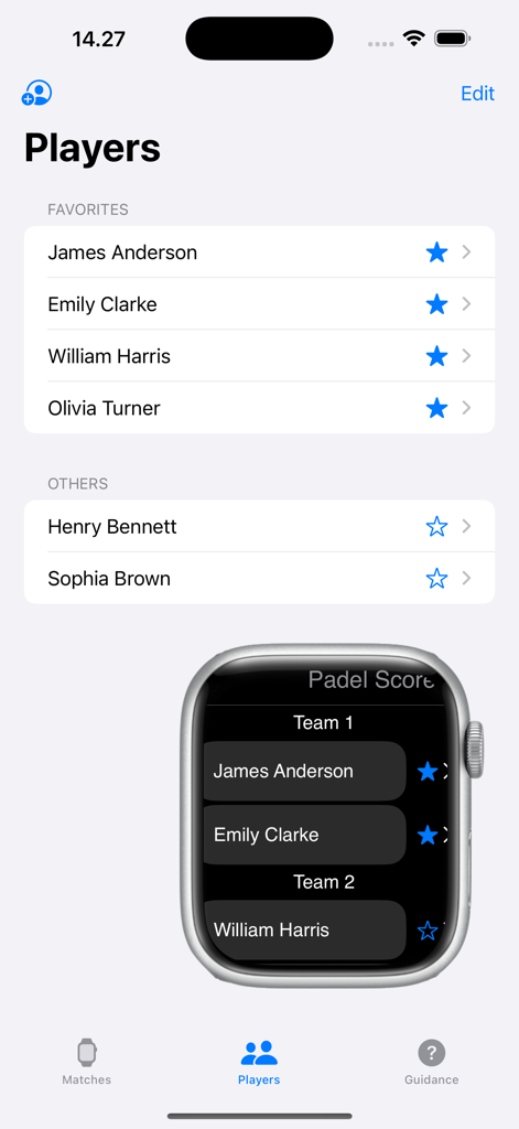 Padel Score Counter app showing player lists on iPhone and Apple Watch interface