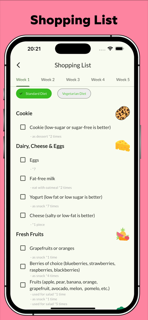 Lose Weight At Home For Women - Lista de compras semanal para recetas saludables en la aplicación Pierde Peso en Casa Para Mujeres