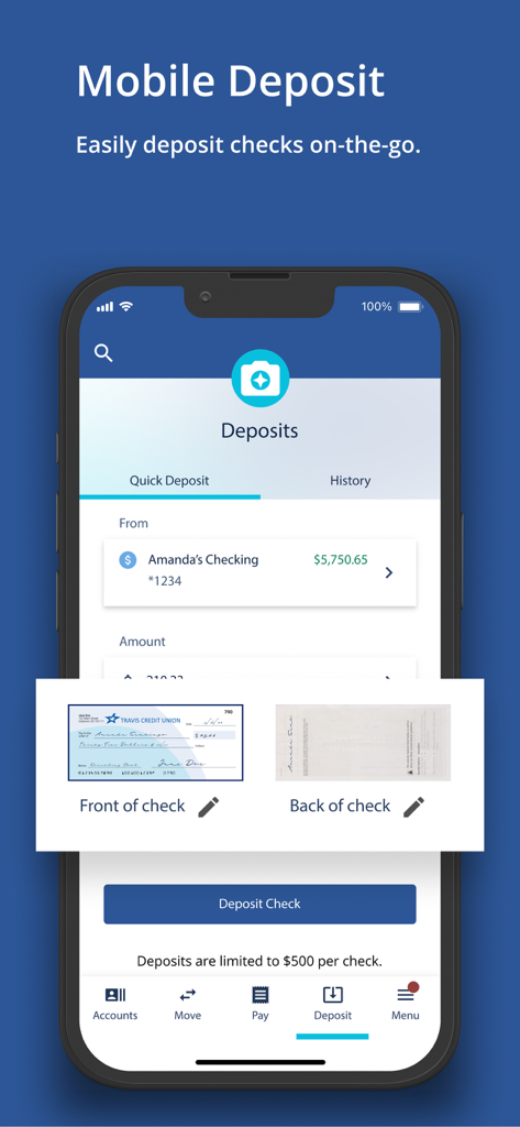 Travis CU Mobile app interface showing the mobile check deposit feature on a smartphone