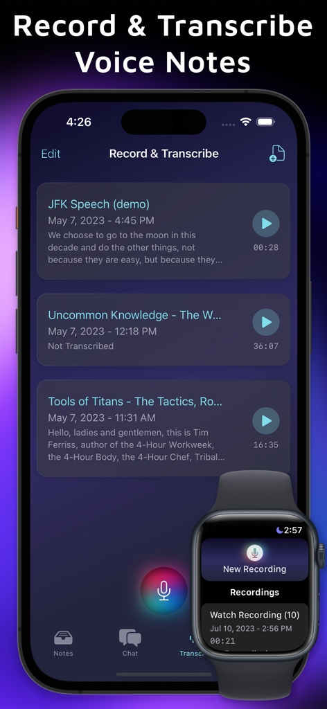 Auri AI Keyboard & Assistant - Auri AI voice notes and transcription interface on iPhone and Apple Watch