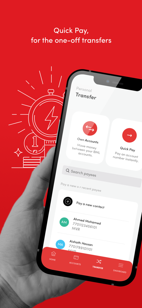 BML Mobile Banking - BML Mobile Banking app interface showing the Quick Pay feature for instant transfers to contacts