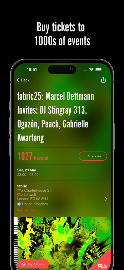 RA Guide mobile app interface showing event details and a buy tickets button for a club night in London