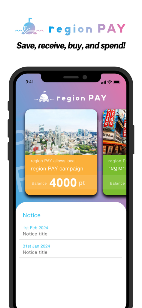 The region PAY app interface on a smartphone featuring local campaign point balances and recent notices.